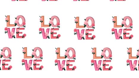 composition of rows of love text with pink flowers moving on white background