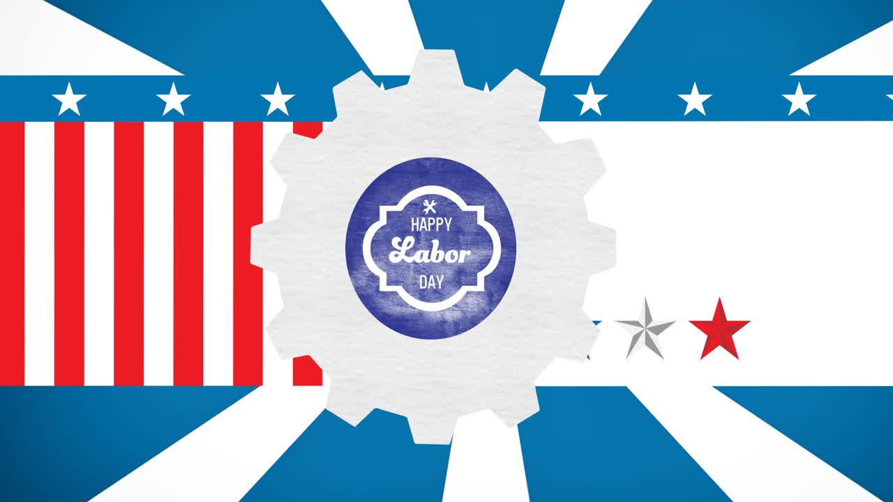Animazione di testo "Buona Festa del Lavoro" su ingranaggio e bandiera americana