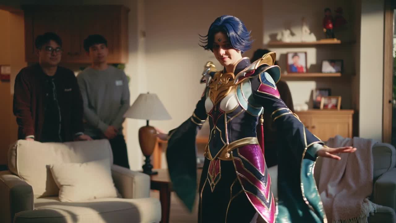 Cosplayer girando estendendo painéis da manga na cor verde-azulada na sala de estar mostrando a armadura para três amigos