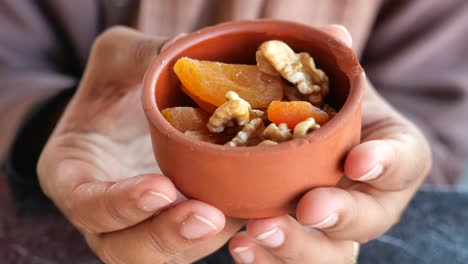 close-up of a hand holding a small clay bowl filled with walnuts and dried apricots