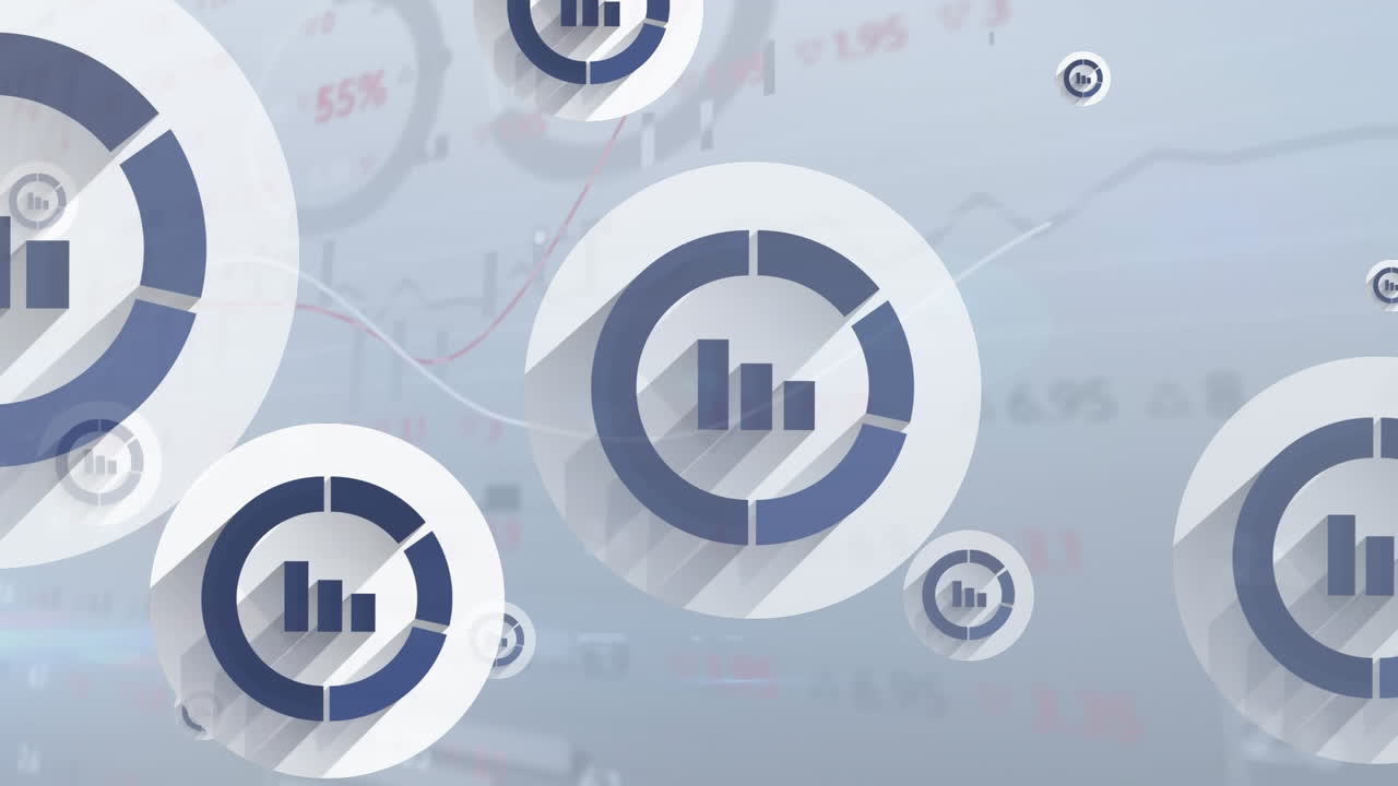 Animation of bar graph icons floating over stock market data processing against grey background