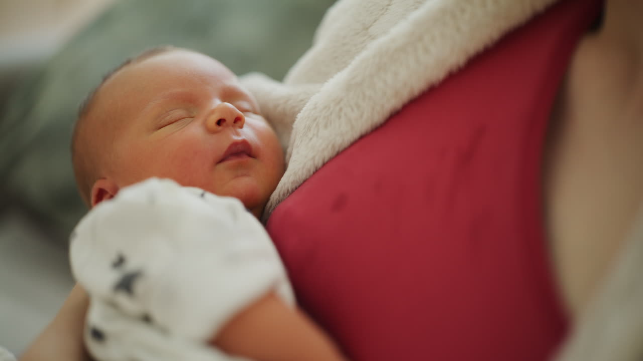 Close-up of Sleeping Newborn on Mother's Chest