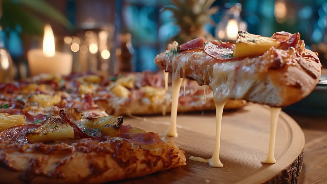 Squisita Pizza Hawaiana: Un'armoniosa fusione di Ananas Dolce, Prosciutto Saporito e Formaggio Fuso, Perfetta per un Incontro Rilassato o una Cena in Famiglia