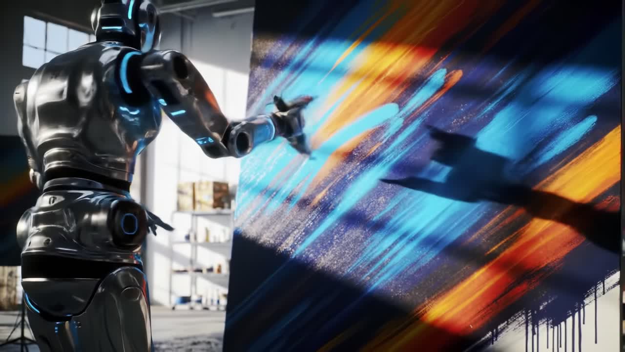 In a cutting-edge studio, a robot uses a paintbrush to craft a stunning abstract piece, blending bold colors of blue and orange. The intricate movements demonstrate advanced technology and creativity.
