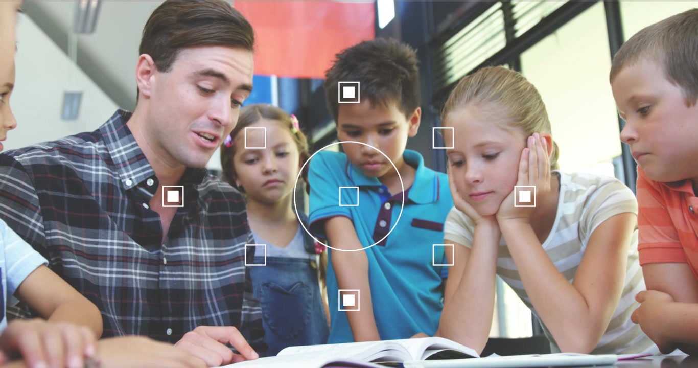 Animation of focus over diverse pupils and male teacher learning at school