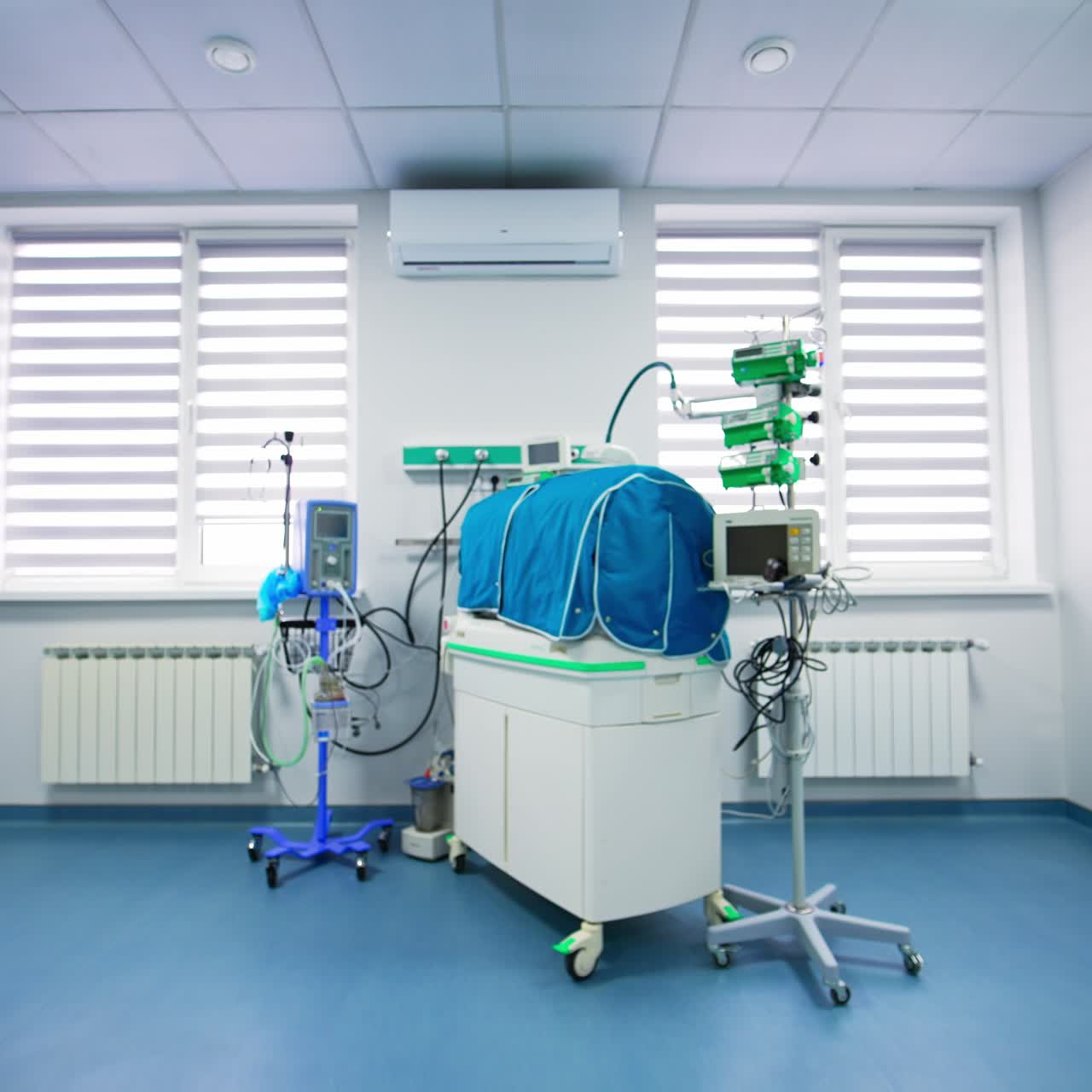 Modern equipment for reanimation of newborn babies. Large white ward ...