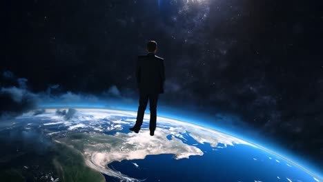 businessman walks above the earth in space, with the sun rising over the horizon, symbolizing success and vision