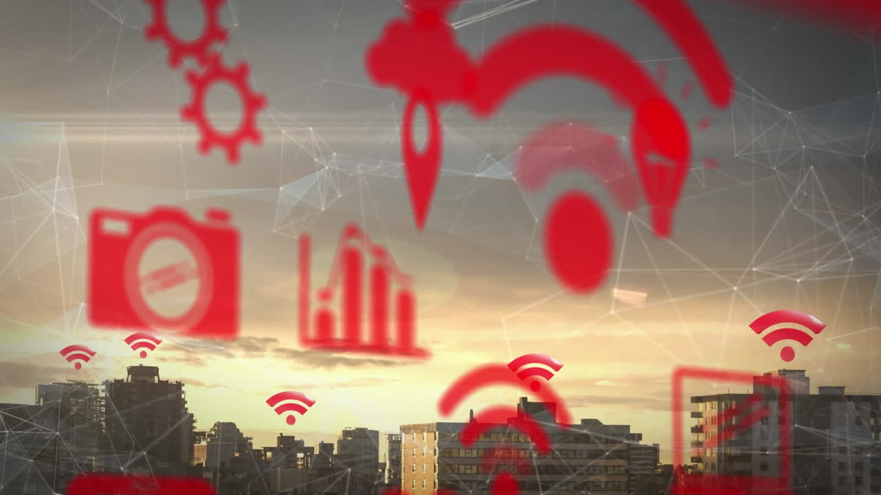 animación de iconos digitales flotando sobre el paisaje