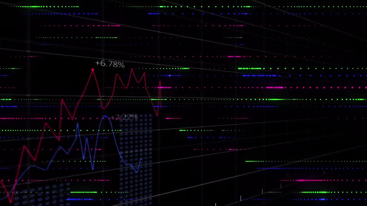 Animation of data processing and spots on black background