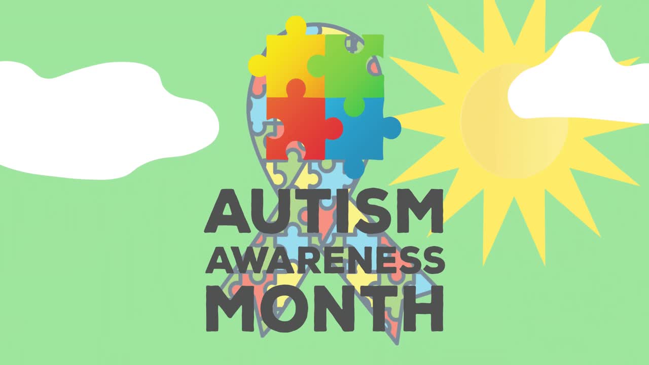 Animazione del testo "mese della consapevolezza sull'autismo" con puzzle che formano un nastro su sfondo verde