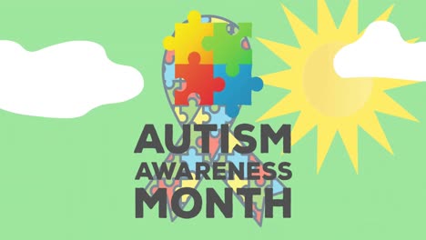 animation of autism awareness month text with puzzles forming ribbon on green background