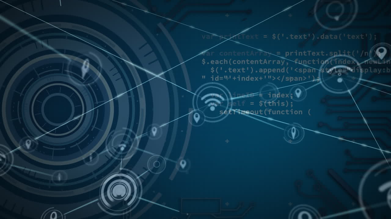 Animation of connected icons, loading circles and computer language over blue background