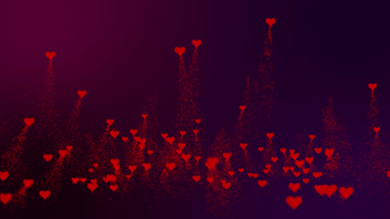 어두운 분홍색 배경에 날아다니는 은 심장 모양의 입자.