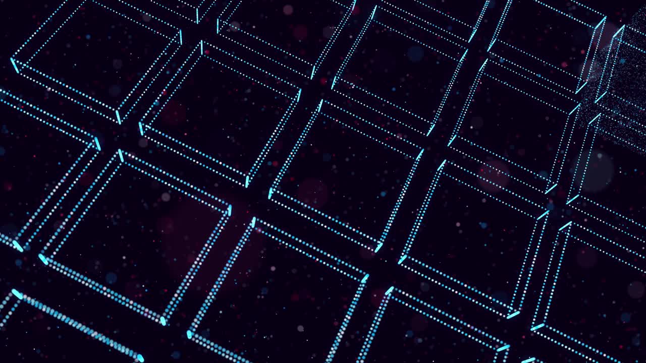 las partículas de brillo abstractas forman un objeto 3d en el espacio. una matriz de rectángulos. un bucle vj como bg del espacio digital virtual. las partículas forman una forma holoram como concepto de big data, red o espacio vr.