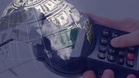 Animation-of-globe-made-of-dollars-over-payment-terminal