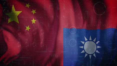 animation of computer server over flag of taiwan and china