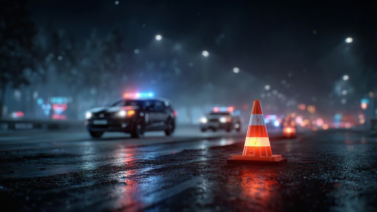 A nighttime scene featuring traffic cones and police vehicles illuminated by flashing lights, showcasing an atmosphere of caution and law enforcement on a rainy street