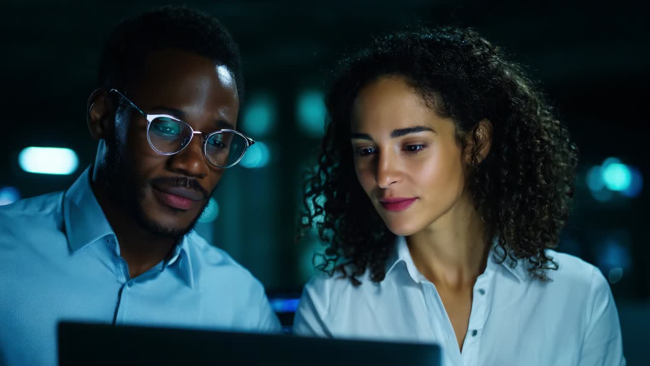 A Focused Collaboration: Two Professionals Engaged in a Productive Discussion Over a Laptop in a Dimly Lit Workspace, Highlighting Intense Concentration and Effective Communication Skills