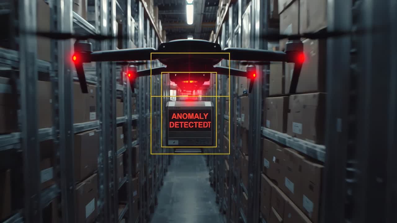 Flying drone activating red scan in narrow warehouse aisle, inspecting boxes and showing red alert