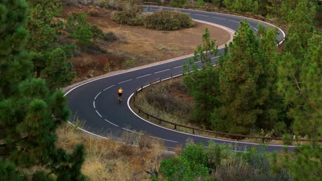 a gentleman wearing a yellow t-shirt is cycling on a road situated at a high elevation in the mountains while riding a sports road bike