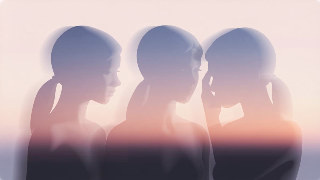 Shifting on start, 3 women in dark tops turning, hand-to-face posing in pastel gradient band