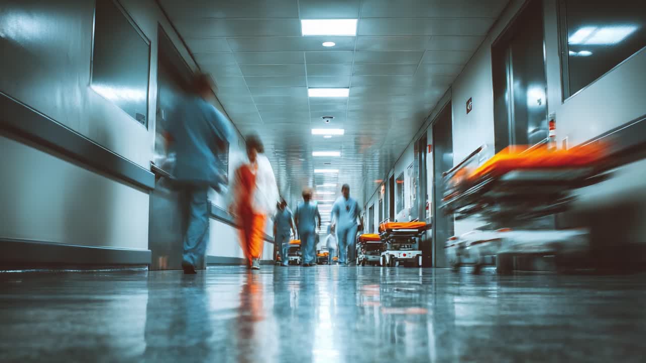 A Busy Hospital Corridor Captured in Motion: Medical Staff and Emergency Equipment Conveying Urgency and Action in a Healthcare Environment