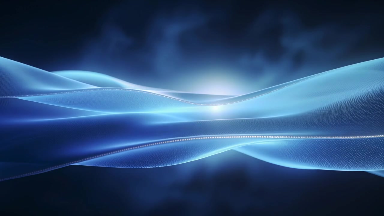 Pulsing soft glow driving blue ribbon waves looping across smoky haze, dotted light advancing