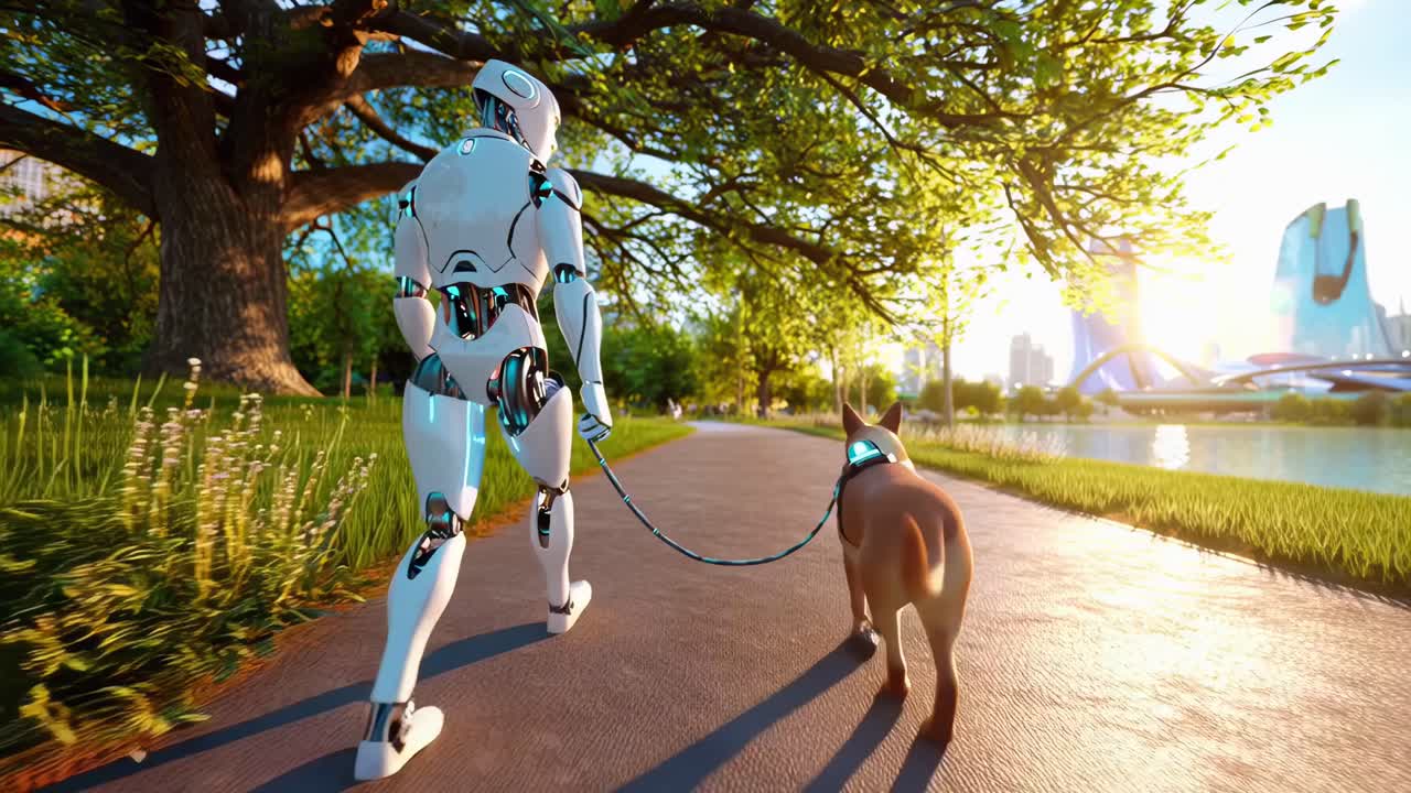 Concetto video futuristico di un robot che porta a spasso un cane, visuale dal basso, vivace e soleggiato