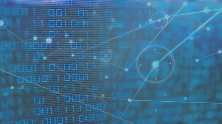 Digital animation of network of connections and binary coding data processing on blue background