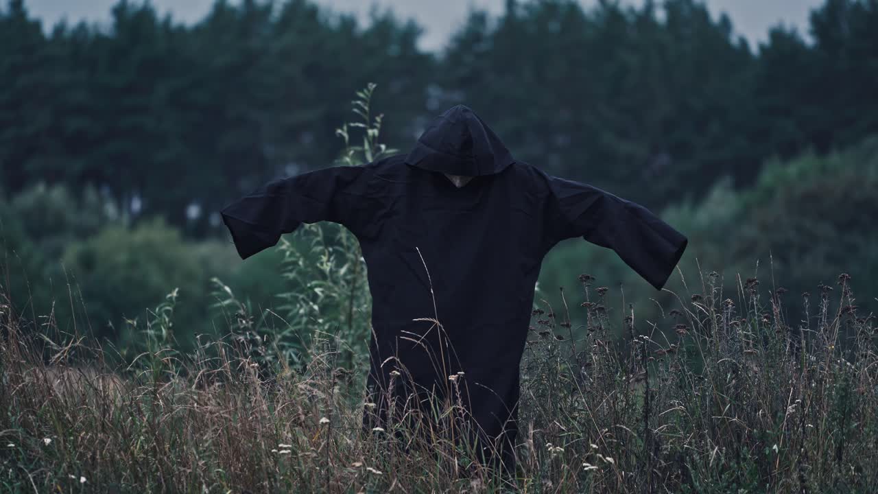 Portrait of ghost with outstretched arms in nature. Scary figure of death in black robe in the field. Horror face of a devil in hood.