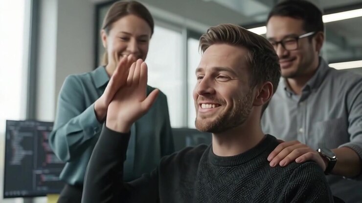Desenvolvedor de software celebrando o sucesso com colegas em um escritório moderno