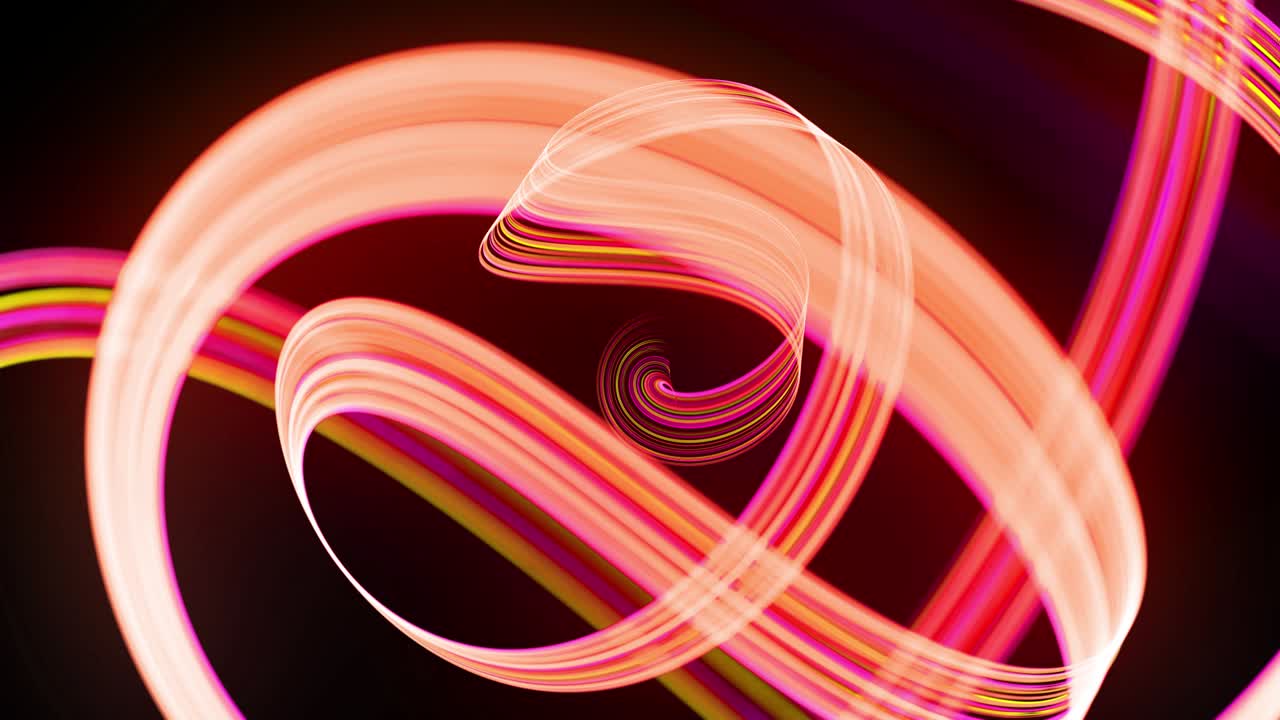 Light flow bg in 4k. Abstract looped background with light trails, stream of green red yellow neon lines in space move to form spiral shapes. Modern trendy motion design background light effect