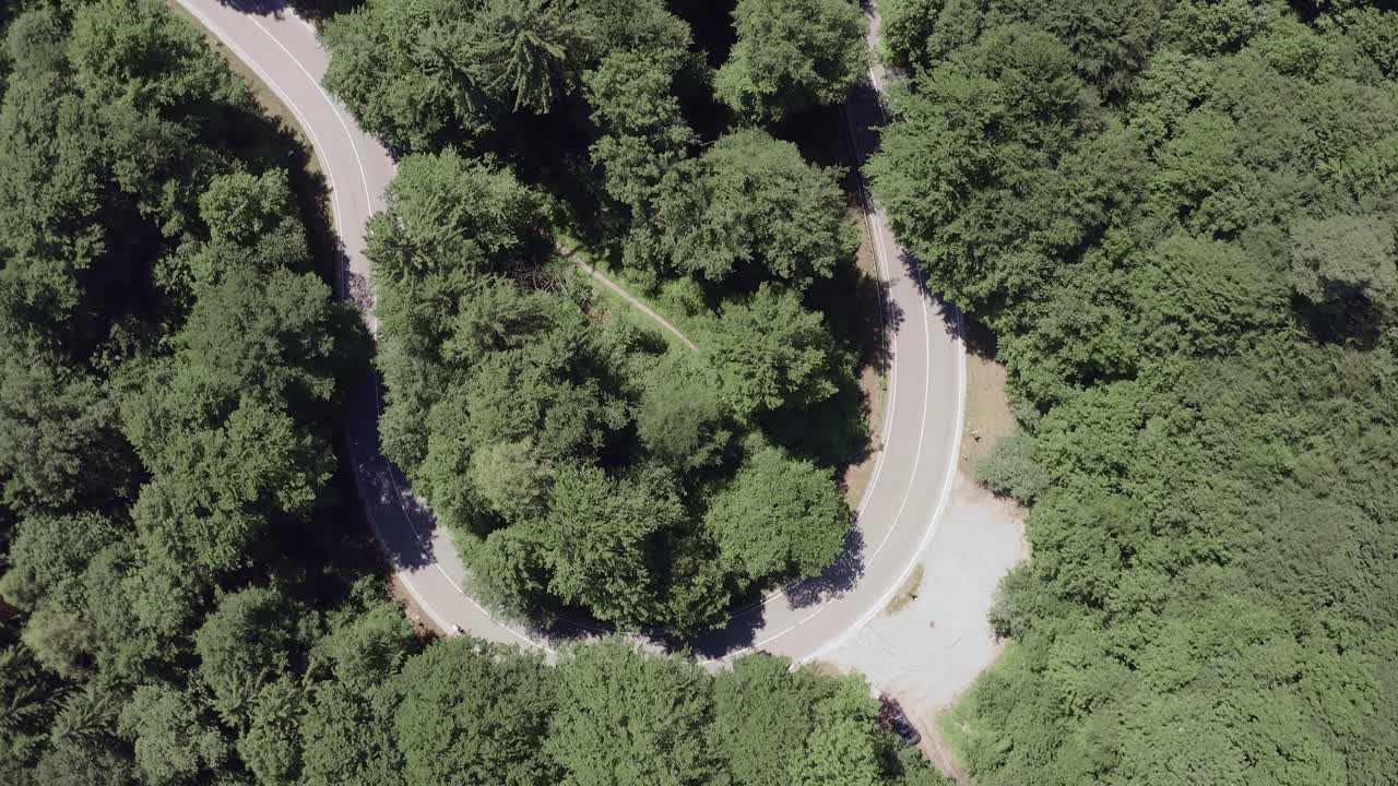 de gris a verde: aumento de la saturación en una toma de arriba hacia abajo de automóviles y un ciclista conduciendo por una carretera sinuosa junto a árboles verdes de verano: concepto para darle color a su viaje, comencemos