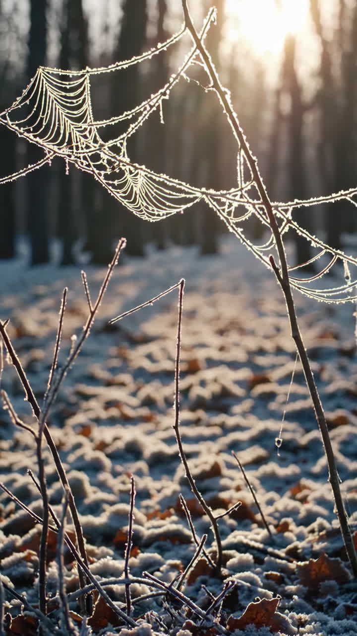 Frozen Spiderweb in Winter Forest