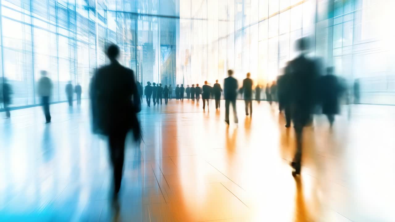 Blurred motion video effect of people walking in a modern, sunlit atrium