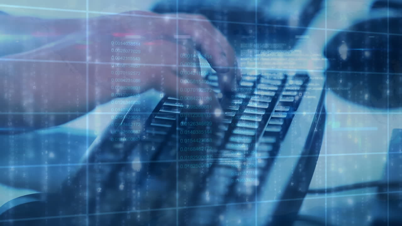 통계 및 금융 데이터 처리의 애니메이션 컴퓨터 키보드에 타입하는 사람 위에