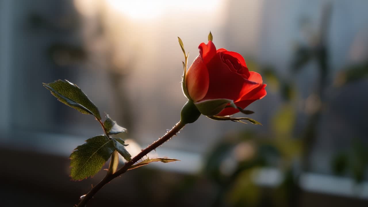 En smuk, rosenrød blomst: Indfang rejsen af en frisk rose fra knop til fuldt flor i blødt lys midt i en botanisk baggrund
