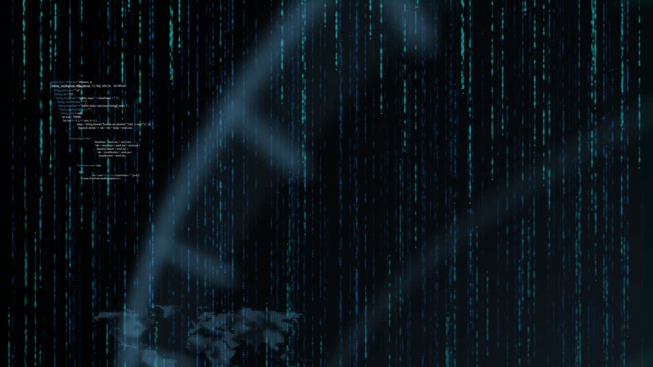 Con una pioggia di codice a cascata, un display radar appare e ruota per evidenziare i dati con zoom avanti e indietro.