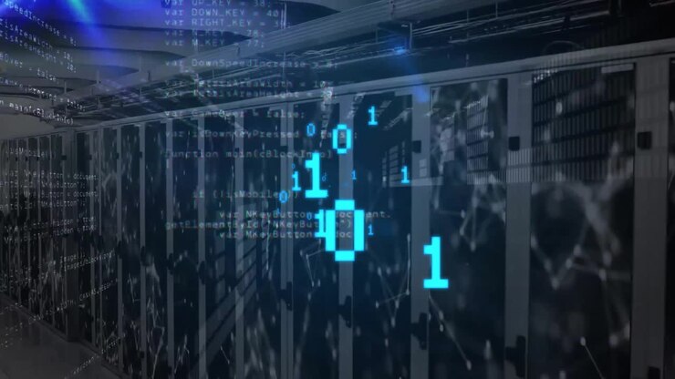 Animation of binary coding with digital data processing over computer servers