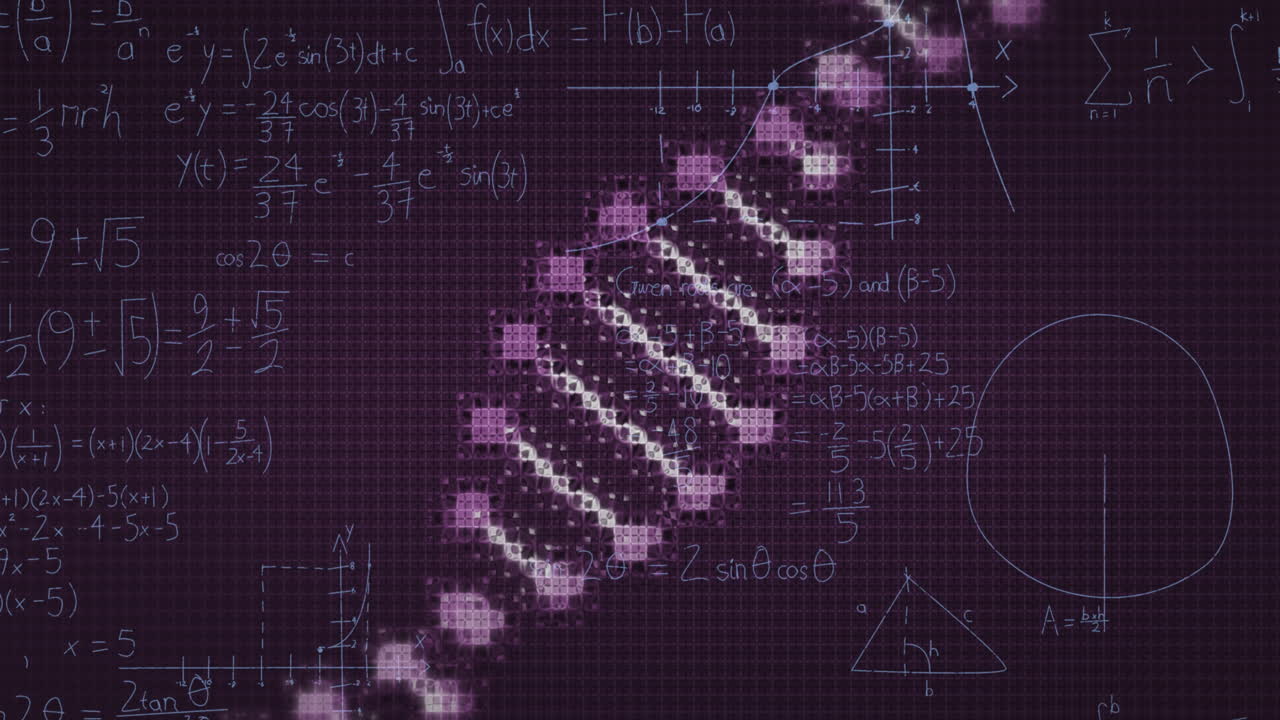 animación de ecuaciones matemáticas sobre la cadena de adn sobre un fondo negro
