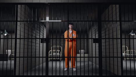 full body of asian male prisoner in broken handcuffs standing in prison, raising head, crossing his arms and looking to camera