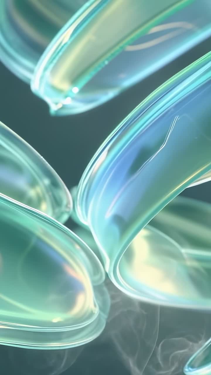 Vertical video: Looping curved forms pulsing in teal void converging for glowing contact in mist