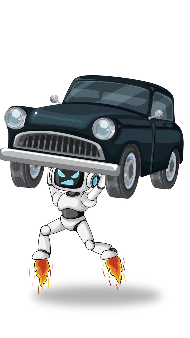 Robot dei cartoni animati usa propulsori a reazione per sollevare verticalmente un'auto pesante su uno sfondo bianco luminoso e minimale.