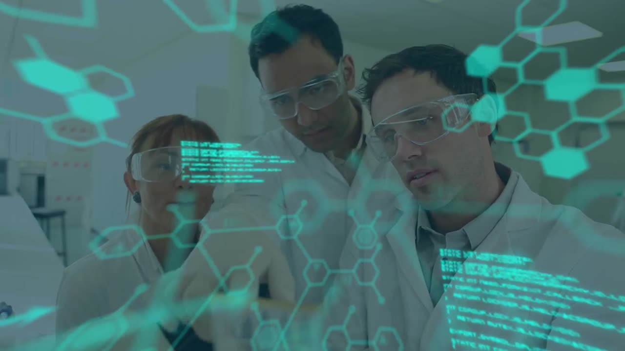 Animation of science data processing over diverse group of scientist in laboratory