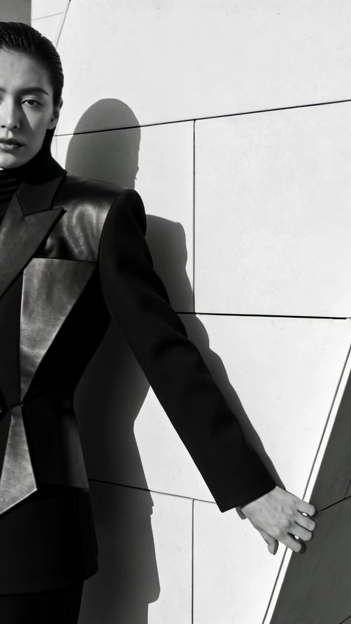 Vertical video: Holding angled panel, model in black blazer shifting hand, sunlight hitting facade