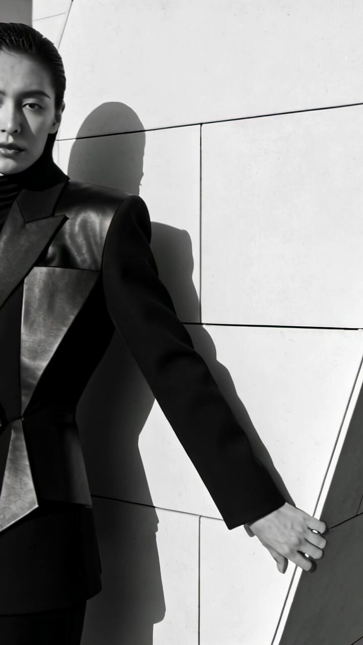 Vertical video: Holding angled panel, model in black blazer shifting hand, sunlight hitting facade