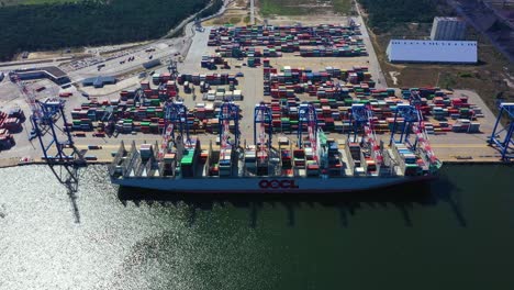 Container ship in import export and business logistic, By crane, Trade Port, Shipping cargo to harbor, International transportation, Business logistics concept, Aerial view