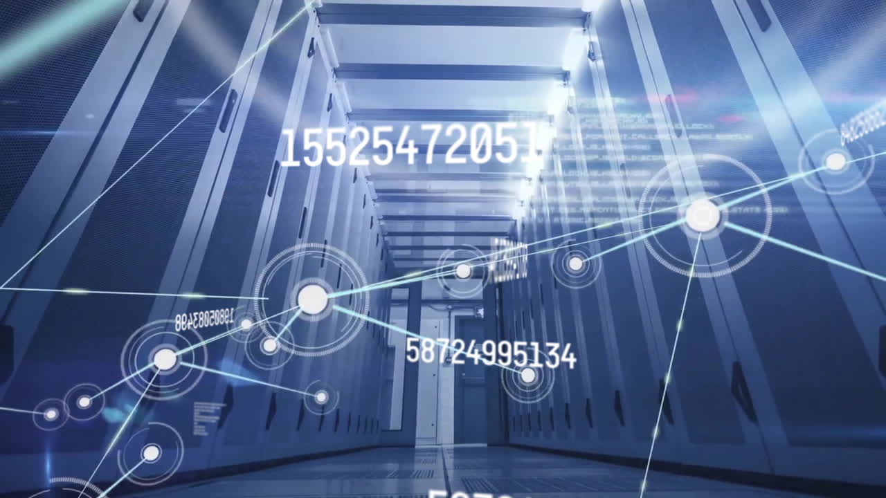 анимация обработки данных и сети соединений через компьютерные серверы