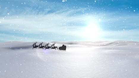 Animation-of-santa-claus-in-sleigh-with-reindeer-passing-over-snowy-winter-scenery