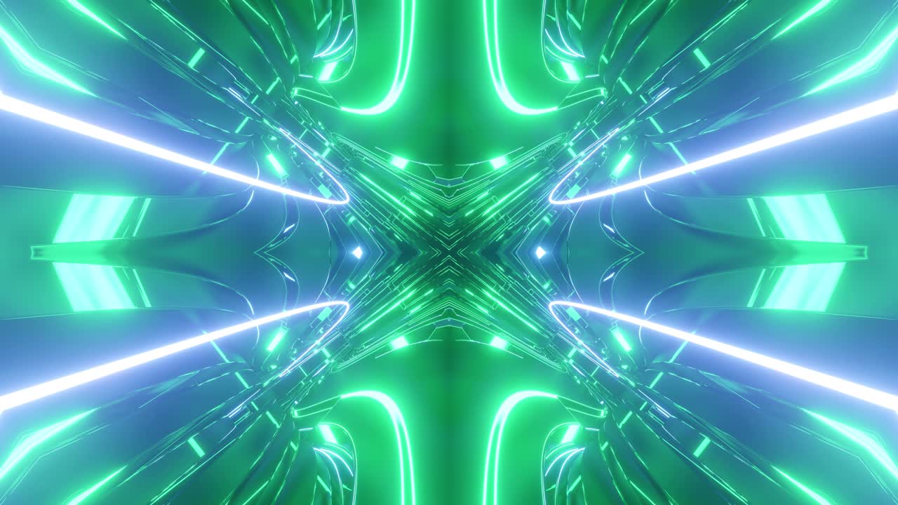 Sci-fi tunnel transformer with neon lights. 4k looped abstract high-tech tunnel. Camera flies through tunnel. Background in the style of cyberpunk or high-tech future. Blue green 1